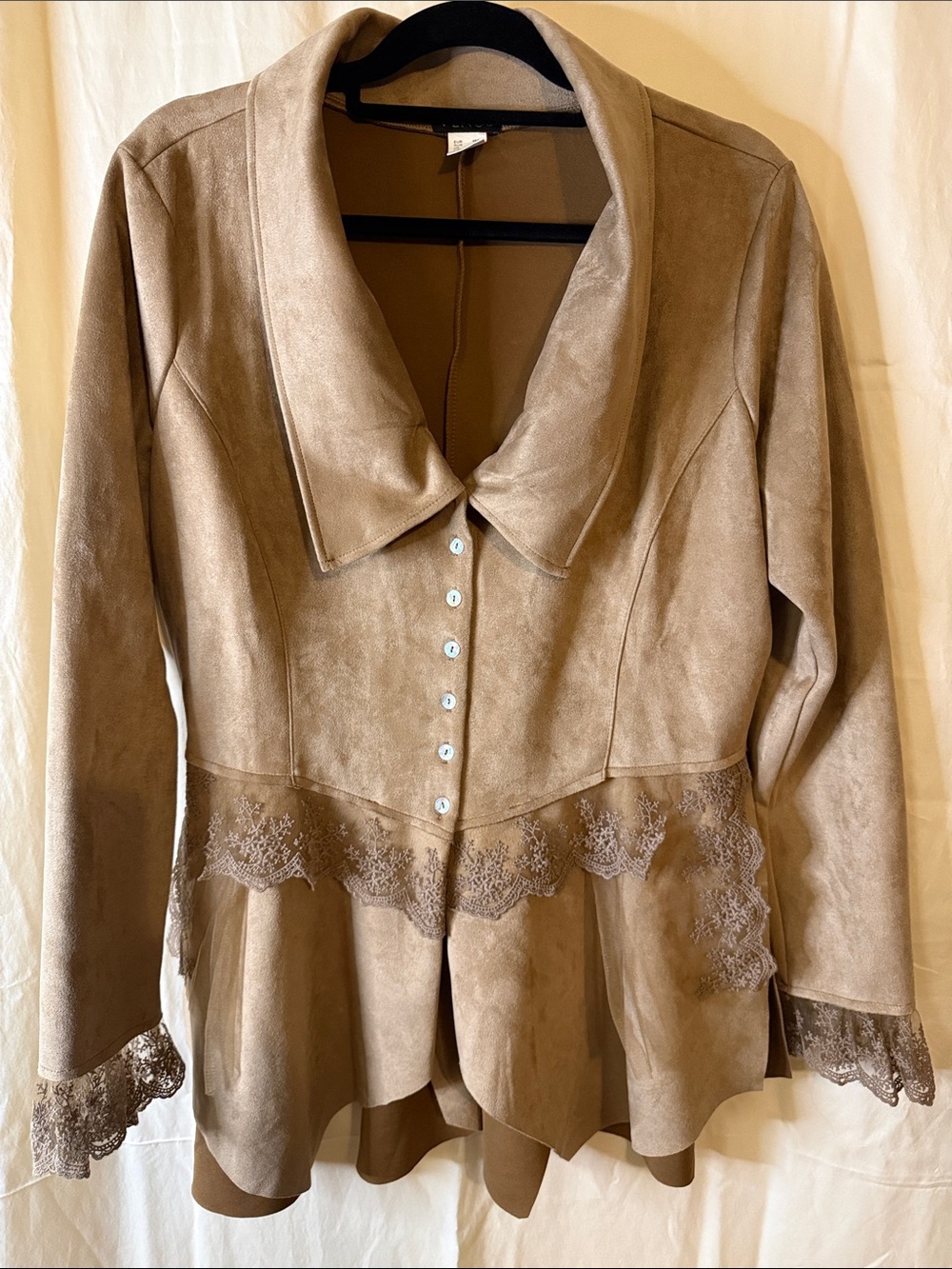 VENUS Taupe Lace-Trim Suede-Look Jacket